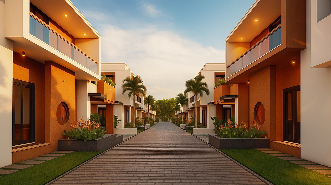 gated communities villa image with road in the middle